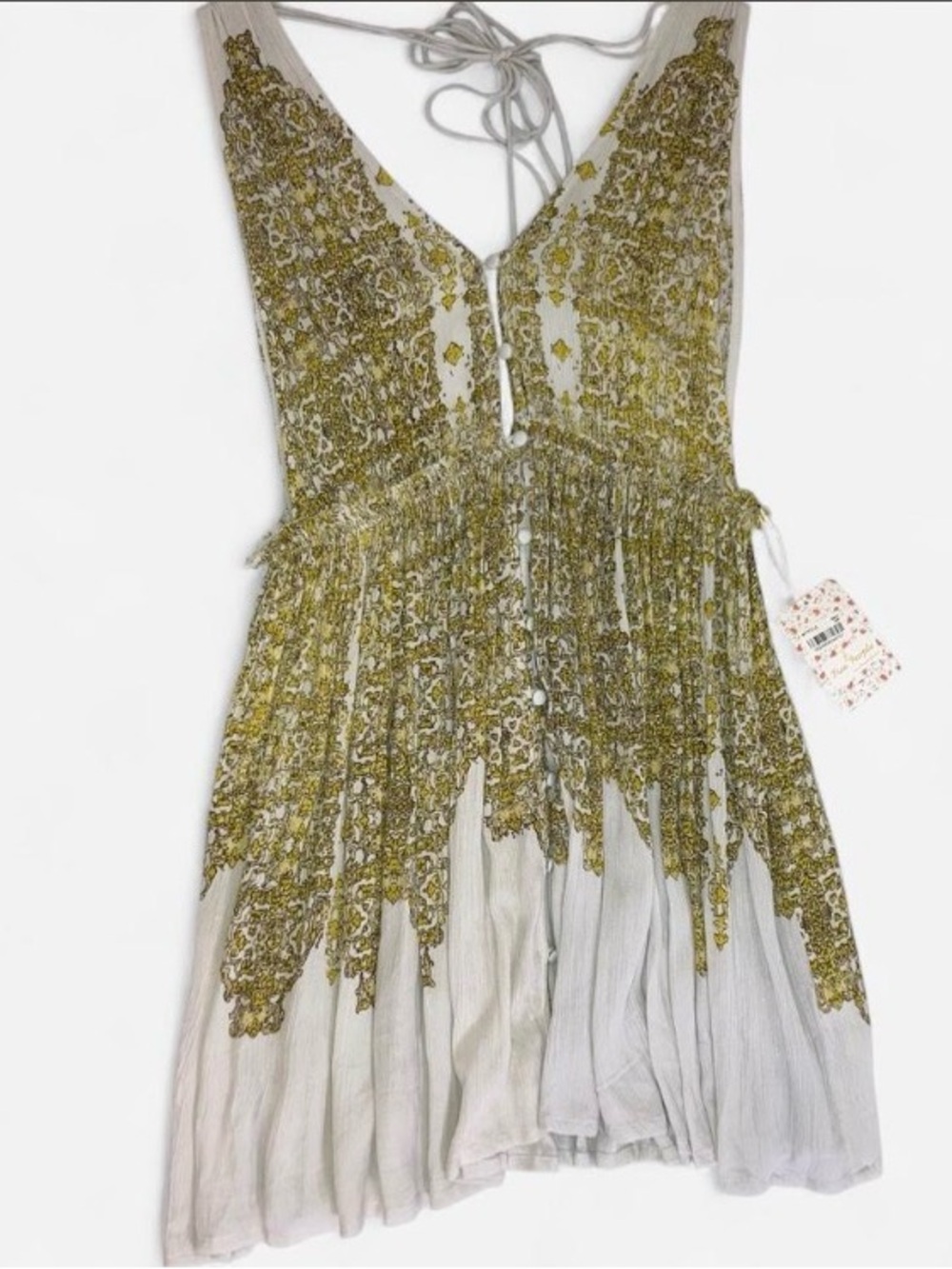 FP One Free People Gold White Sleeveless Button V-Neck Mini Dress Small NWT $128